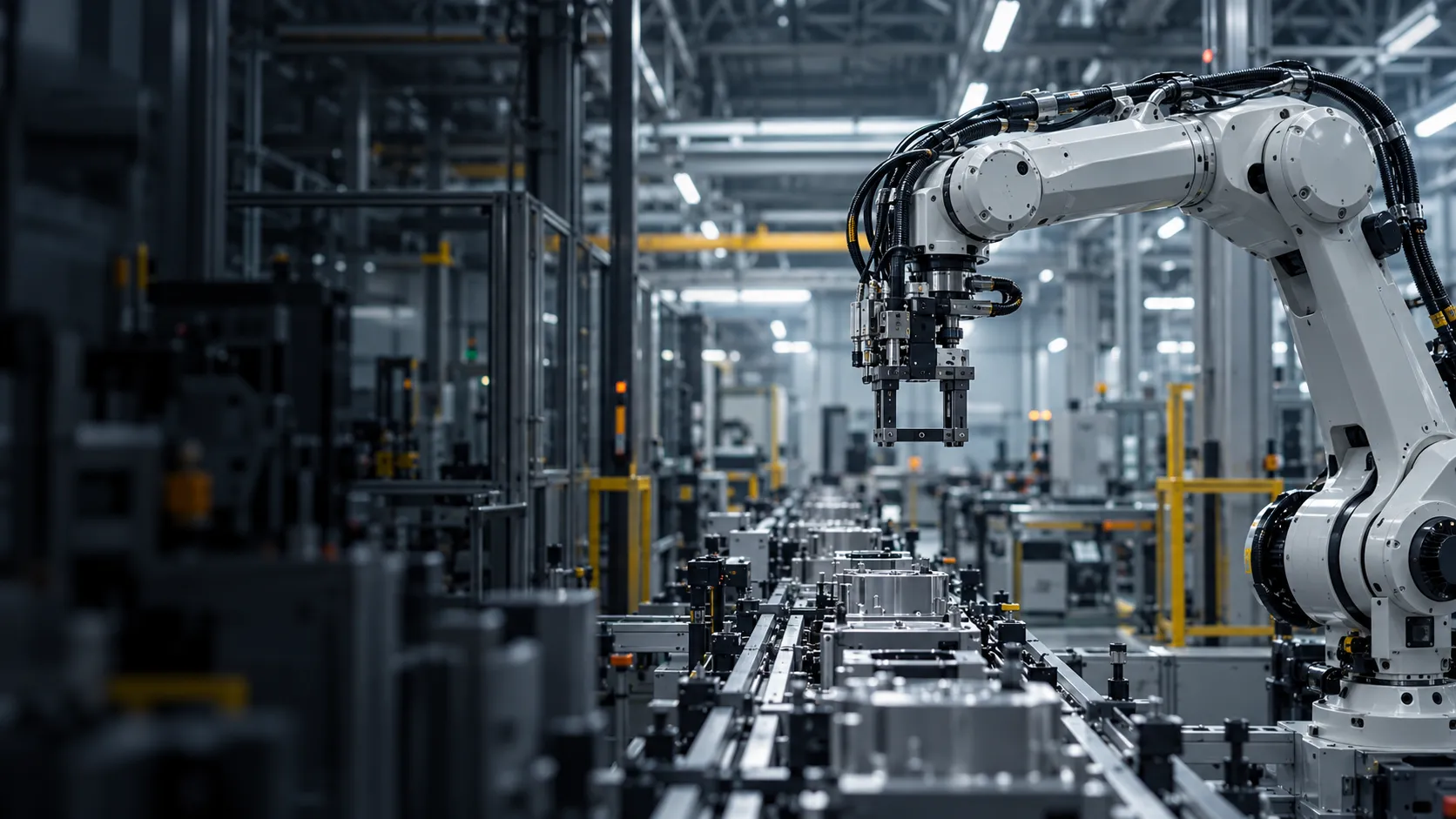 Industrial robotic arm alongside an automated assembly line